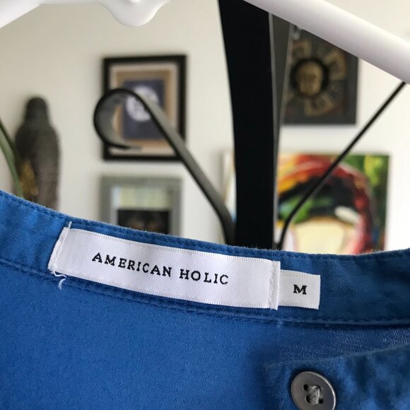 AMERICAN HOLIC size M Blue Oversized Smocked Hi Lo Button Front Blouse Top - Picture 5 of 5